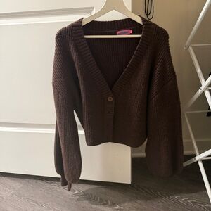 Brown V-Neck Chunky Knit Women's Cardigan Sweater